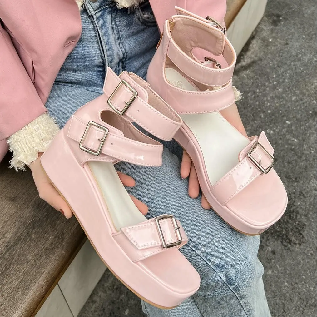 Meefit Women Patent Platform Wedge Sandals Open Toe Ankle Strap High Heel Sandals