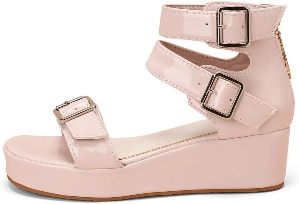 Meefit Women Patent Platform Wedge Sandals Open Toe Ankle Strap High Heel Sandals