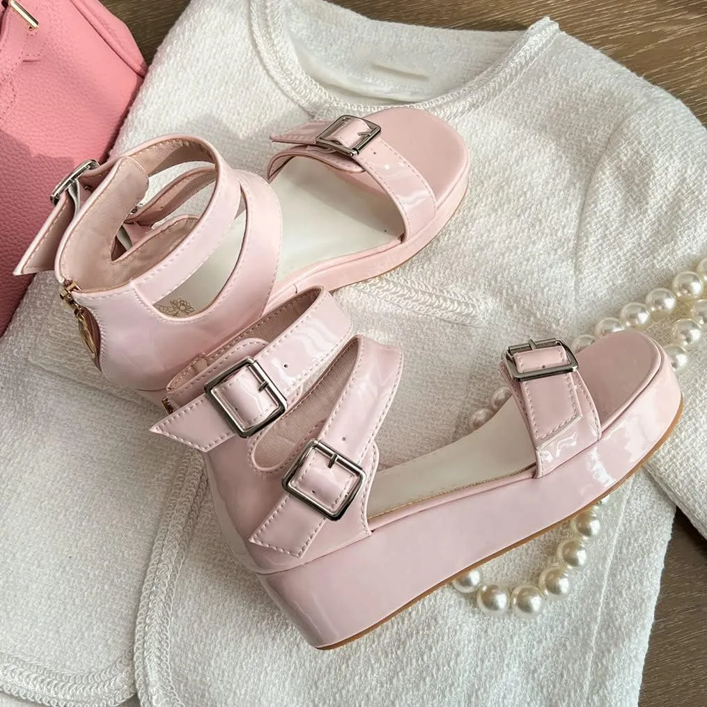 Meefit Women Patent Platform Wedge Sandals Open Toe Ankle Strap High Heel Sandals