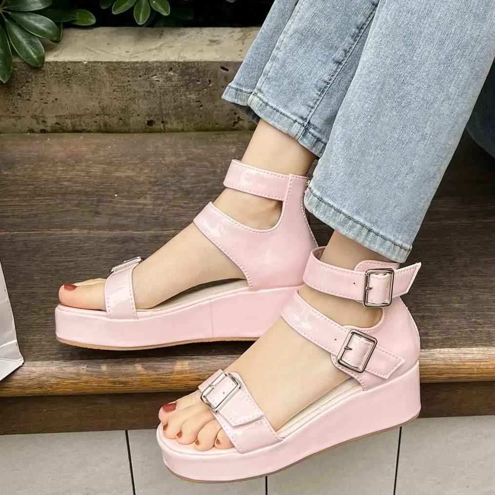Meefit Women Patent Platform Wedge Sandals Open Toe Ankle Strap High Heel Sandals