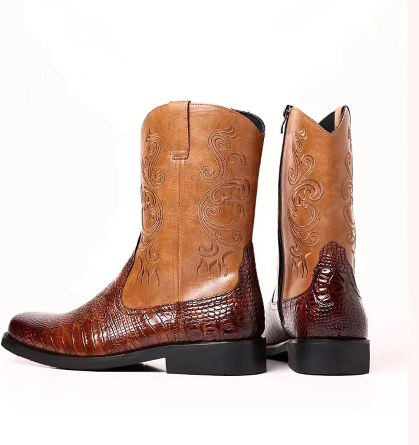 Mens Crocodile Print Western Cowboy Leather Boots Exotic Fashion Zipper Mid Calf Wide Square Toe Shoes for Halloween Party