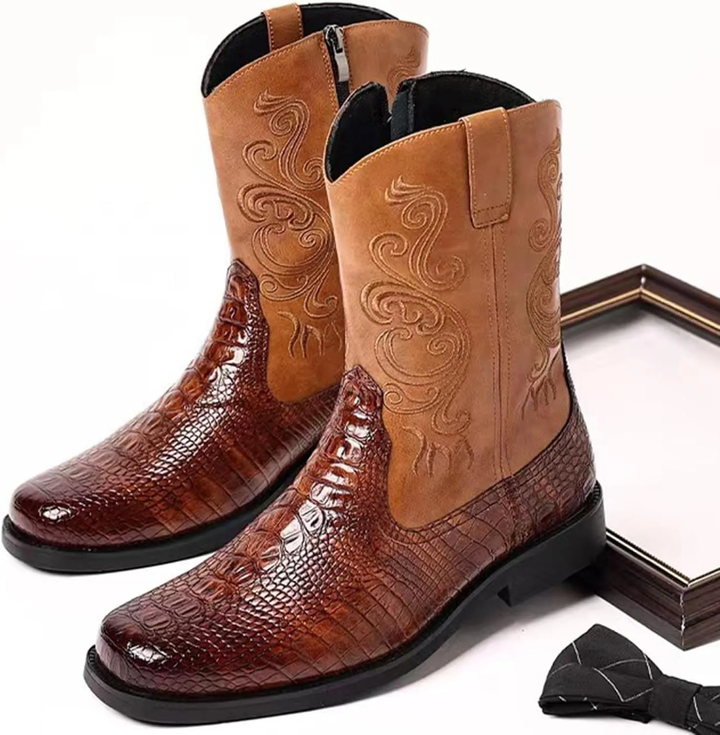 Mens Crocodile Print Western Cowboy Leather Boots Exotic Fashion Zipper Mid Calf Wide Square Toe Shoes for Halloween Party