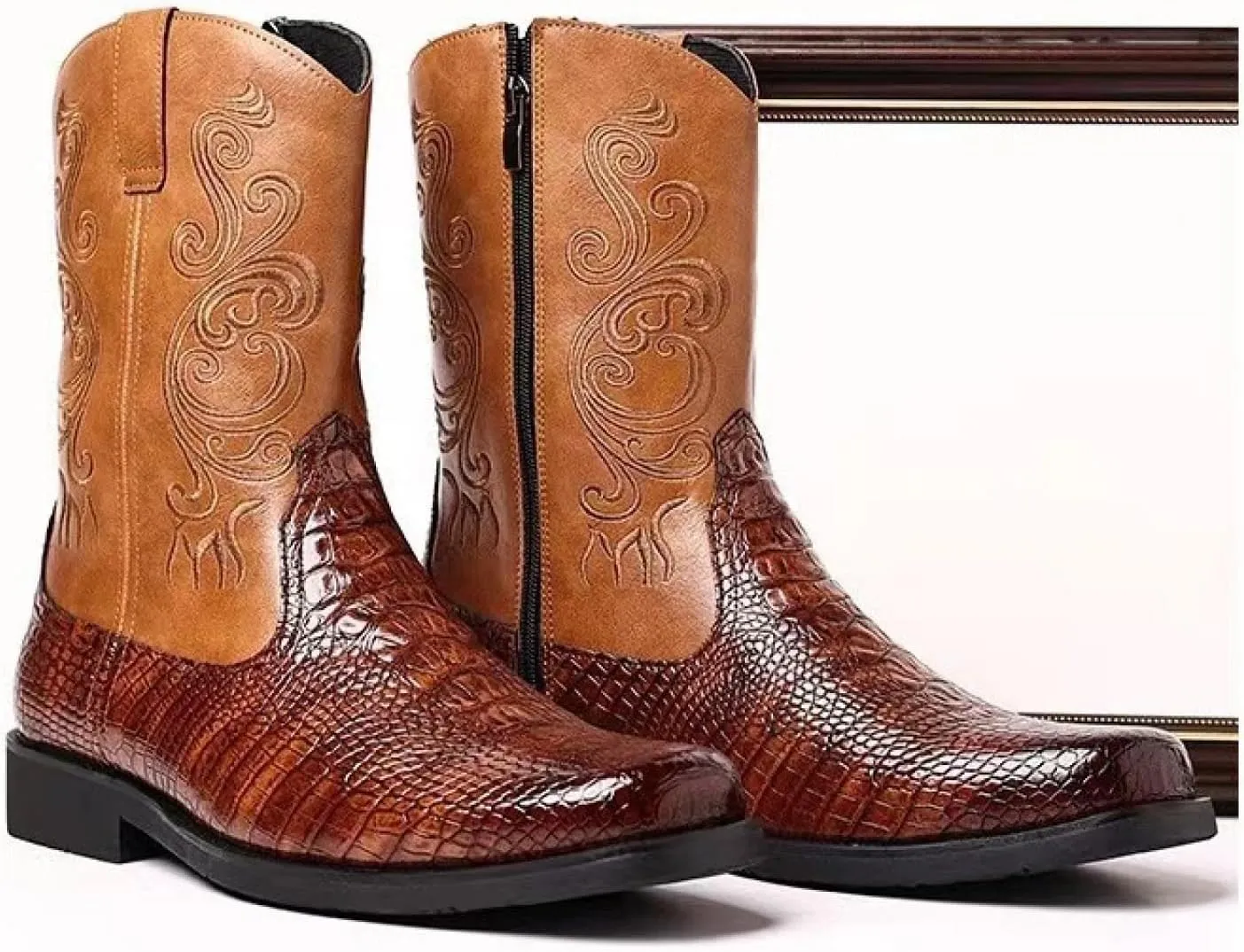 Mens Crocodile Print Western Cowboy Leather Boots Exotic Fashion Zipper Mid Calf Wide Square Toe Shoes for Halloween Party