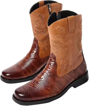 Mens Crocodile Print Western Cowboy Leather Boots Exotic Fashion Zipper Mid Calf Wide Square Toe Shoes for Halloween Party