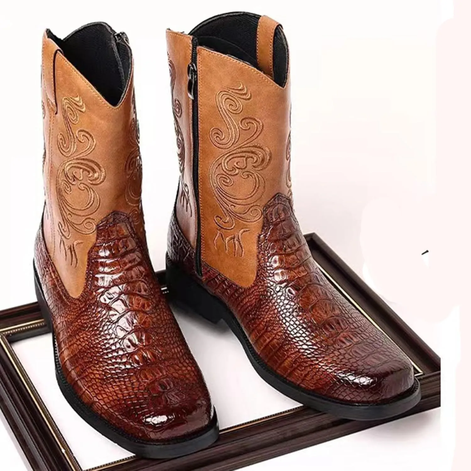Mens Crocodile Print Western Cowboy Leather Boots Exotic Fashion Zipper Mid Calf Wide Square Toe Shoes for Halloween Party