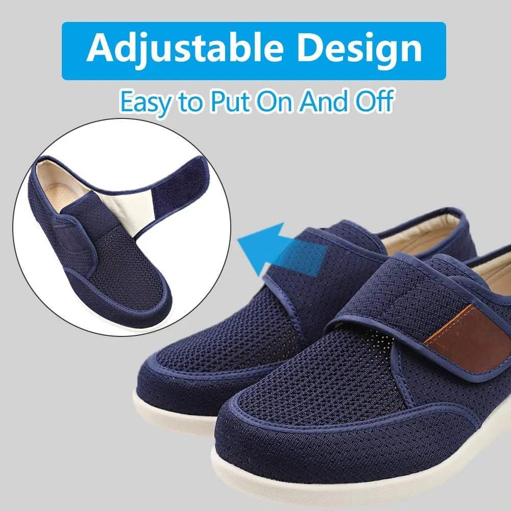 Mens Diabetic Edema Shoes Lightweight Walking Mesh Breathable Wide Sneakers Strap Adjustable Easy On and Off for Elderly, Swollen Feet, Plantar Fasciitis