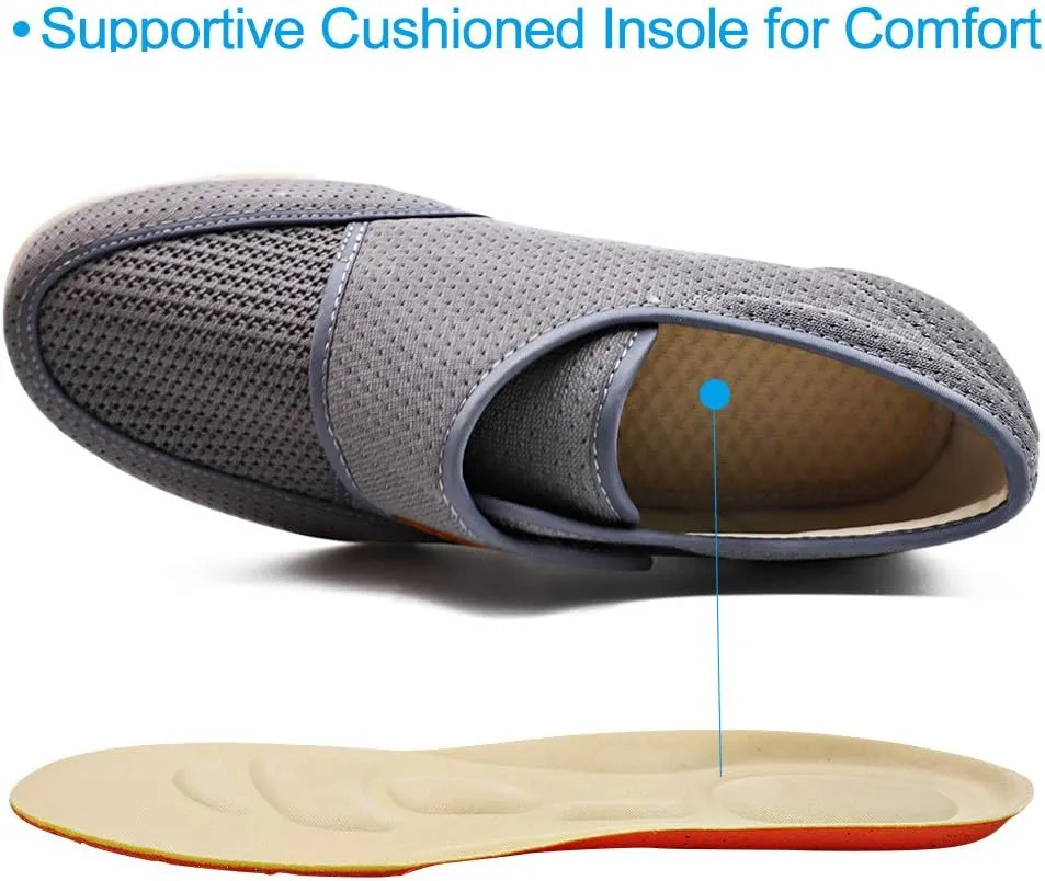 Mens Diabetic Edema Shoes Lightweight Walking Mesh Breathable Wide Sneakers Strap Adjustable Easy On and Off for Elderly, Swollen Feet, Plantar Fasciitis