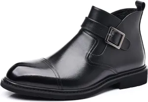Men's Genuine Leather Buckle Strap Chelsea Ankle Boots with Side Zipper Formal Comfortable Block Heel Chukka Booties for Wedding Office Business Dress Boots