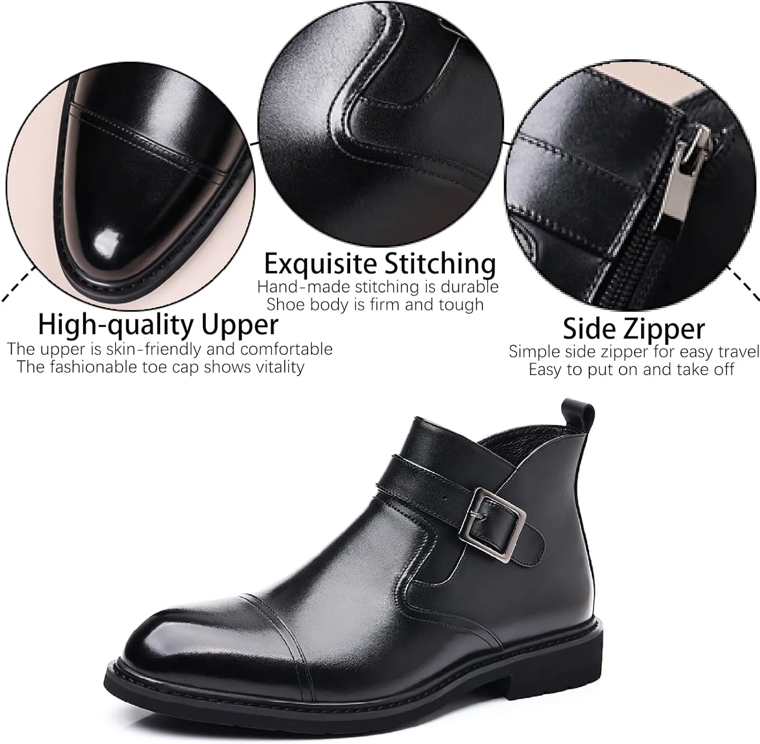 Men's Genuine Leather Buckle Strap Chelsea Ankle Boots with Side Zipper Formal Comfortable Block Heel Chukka Booties for Wedding Office Business Dress Boots