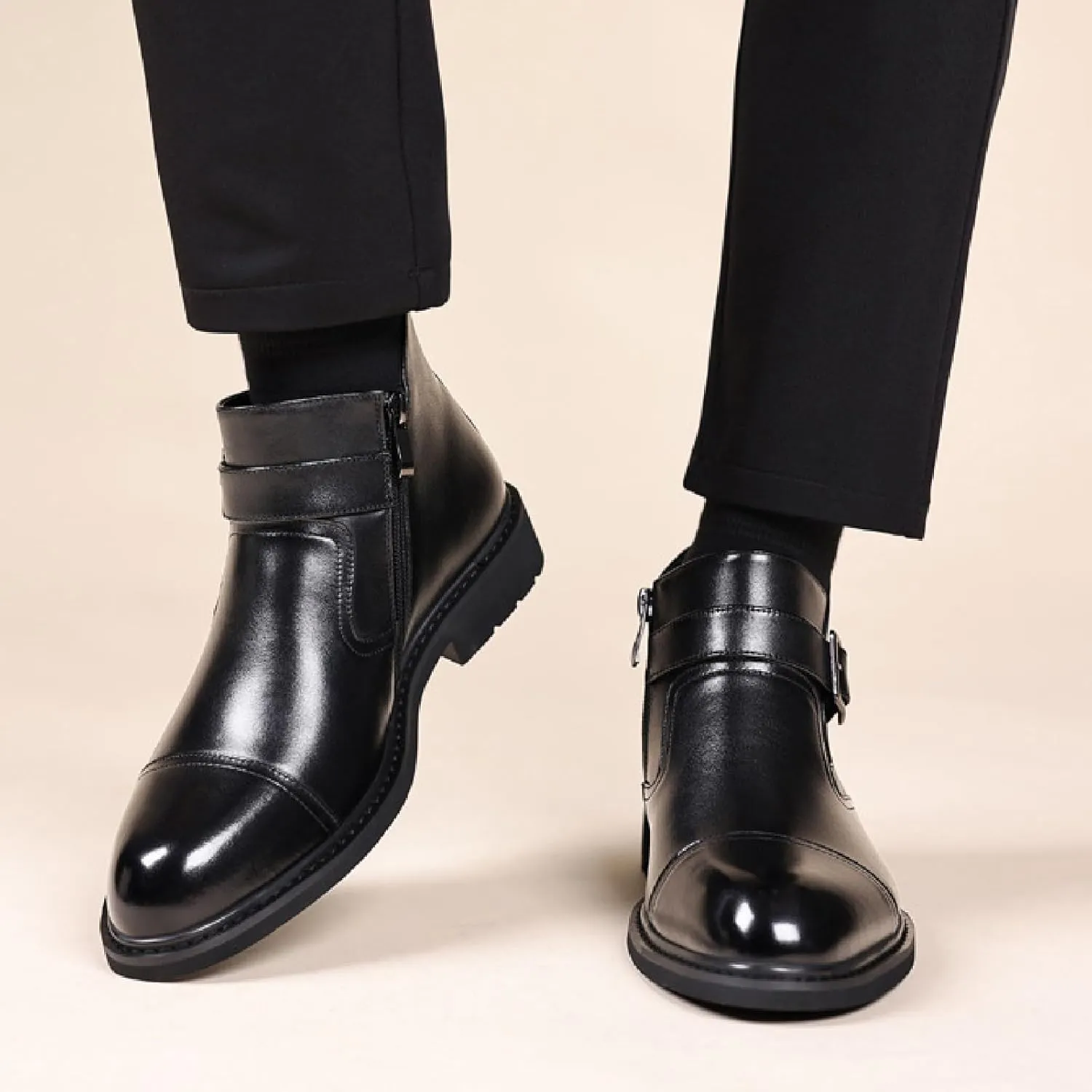 Men's Genuine Leather Buckle Strap Chelsea Ankle Boots with Side Zipper Formal Comfortable Block Heel Chukka Booties for Wedding Office Business Dress Boots