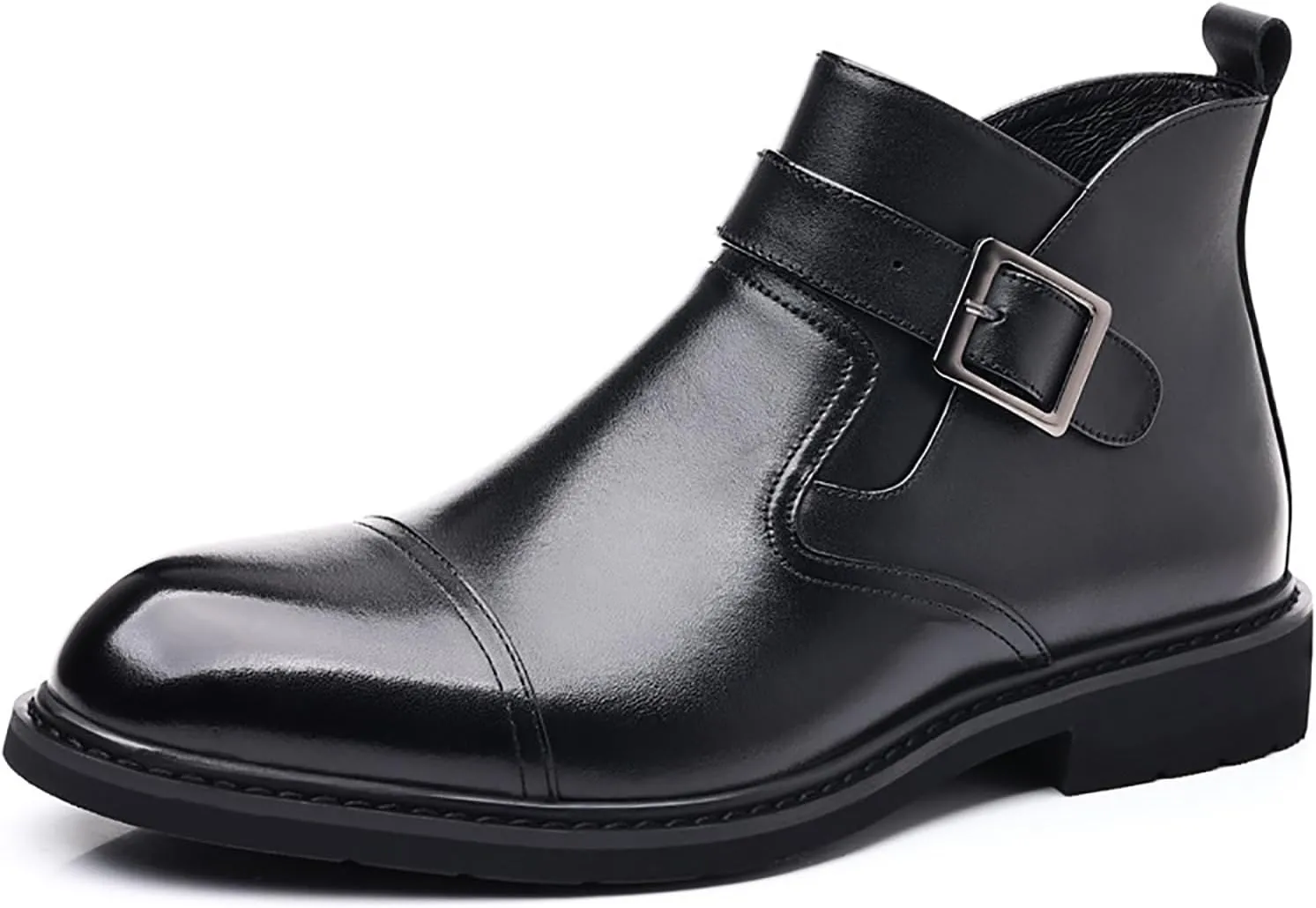 Men's Genuine Leather Buckle Strap Chelsea Ankle Boots with Side Zipper Formal Comfortable Block Heel Chukka Booties for Wedding Office Business Dress Boots