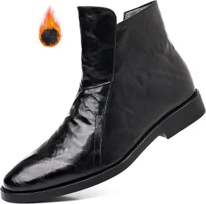 Men's Leather Chelsea Ankle Boots with Side Zipper Casual Comfortable Chunky Heel Dress Booties for Business Driving Office Walking Boots