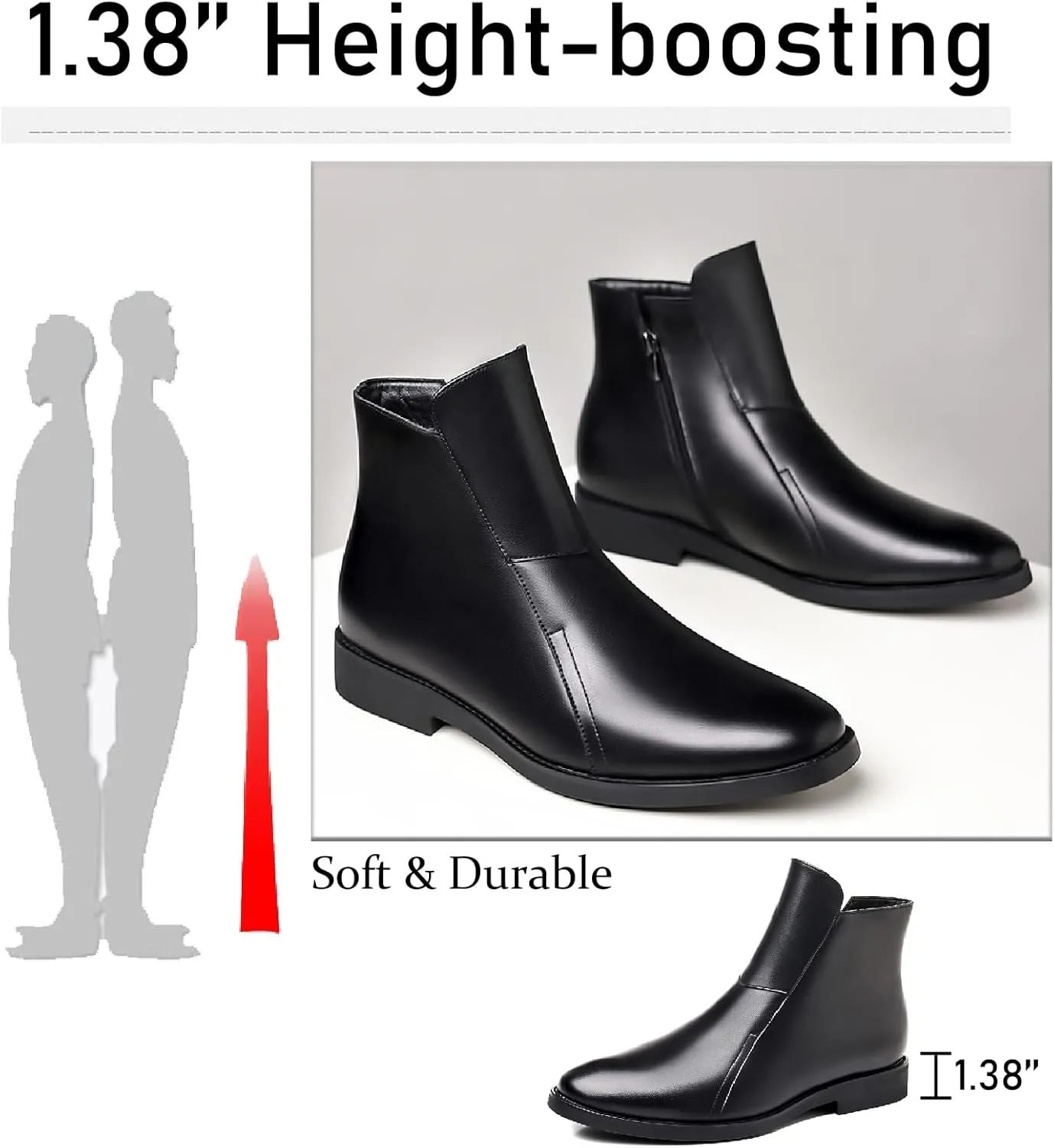Men's Leather Chelsea Ankle Boots with Side Zipper Casual Comfortable Chunky Heel Dress Booties for Business Driving Office Walking Boots