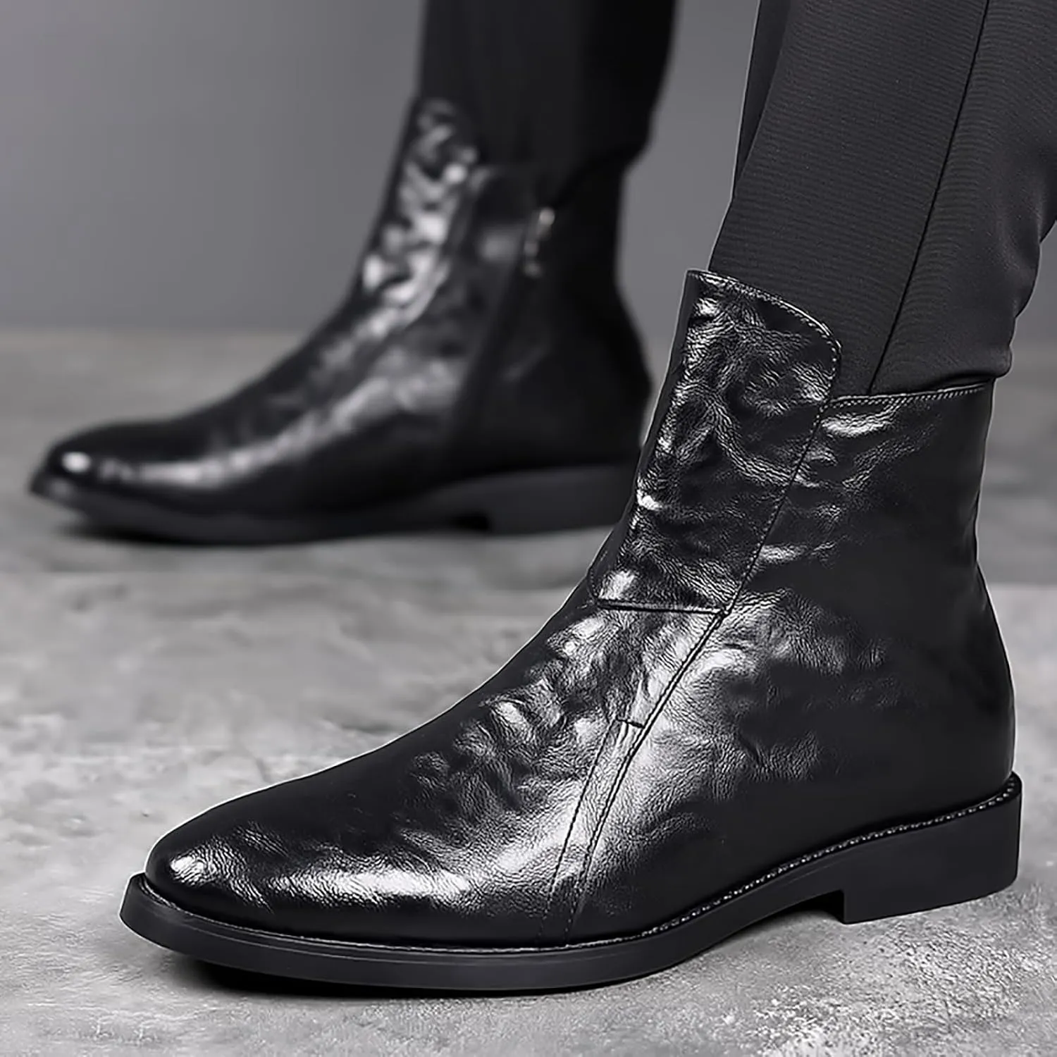 Men's Leather Chelsea Ankle Boots with Side Zipper Casual Comfortable Chunky Heel Dress Booties for Business Driving Office Walking Boots