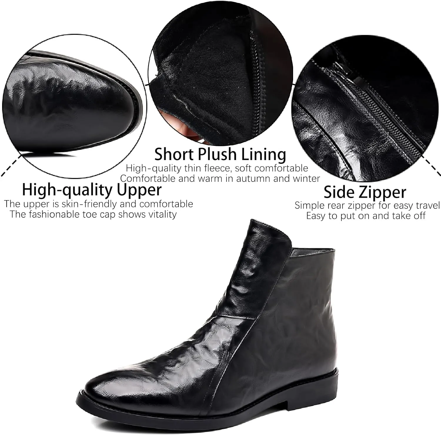 Men's Leather Chelsea Ankle Boots with Side Zipper Casual Comfortable Chunky Heel Dress Booties for Business Driving Office Walking Boots