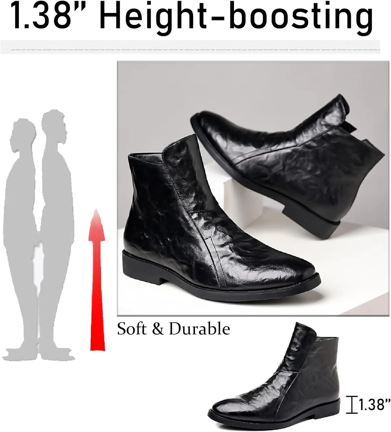 Men's Leather Chelsea Ankle Boots with Side Zipper Casual Comfortable Chunky Heel Dress Booties for Business Driving Office Walking Boots