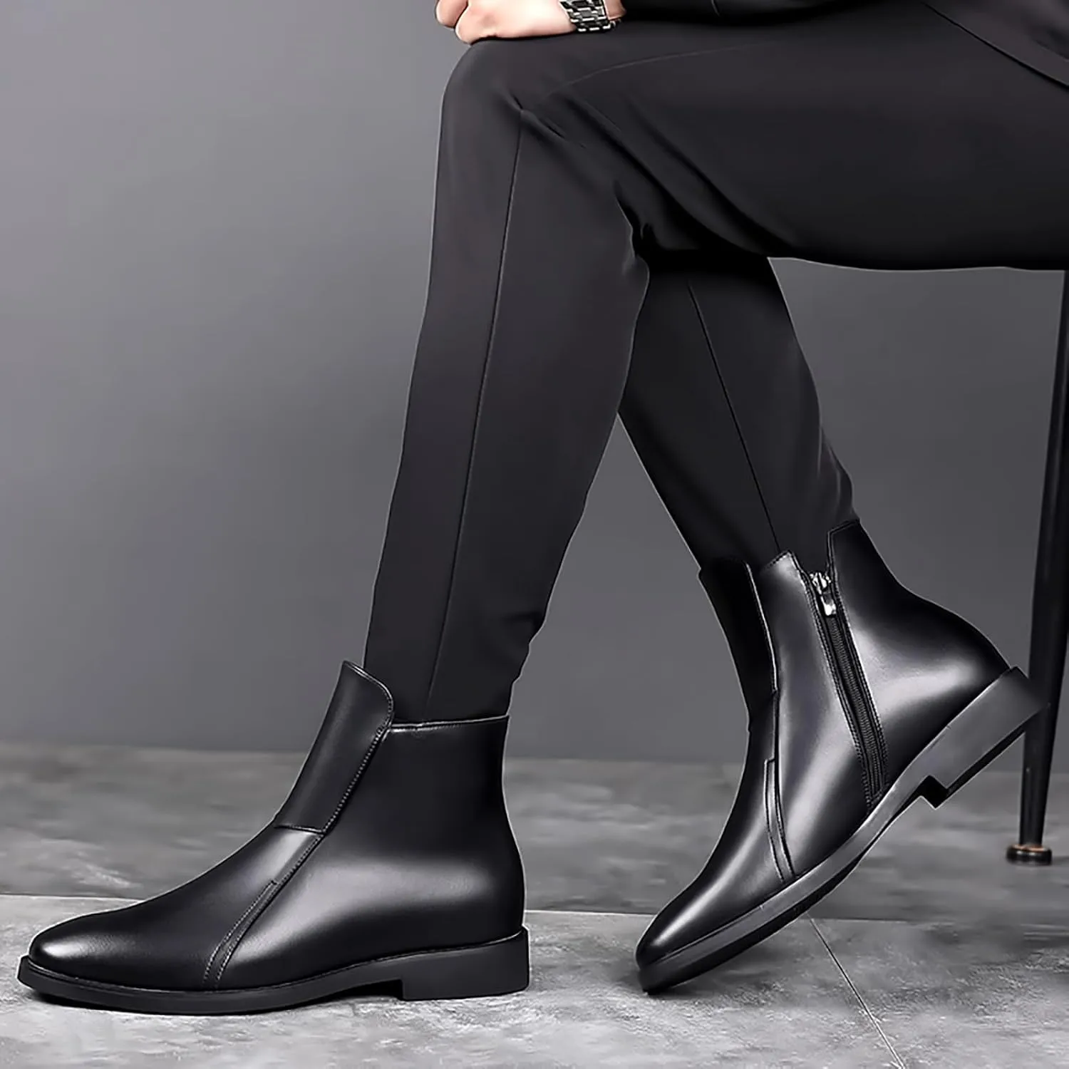 Men's Leather Chelsea Ankle Boots with Side Zipper Casual Comfortable Chunky Heel Dress Booties for Business Driving Office Walking Boots