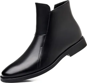 Men's Leather Chelsea Ankle Boots with Side Zipper Casual Comfortable Chunky Heel Dress Booties for Business Driving Office Walking Boots