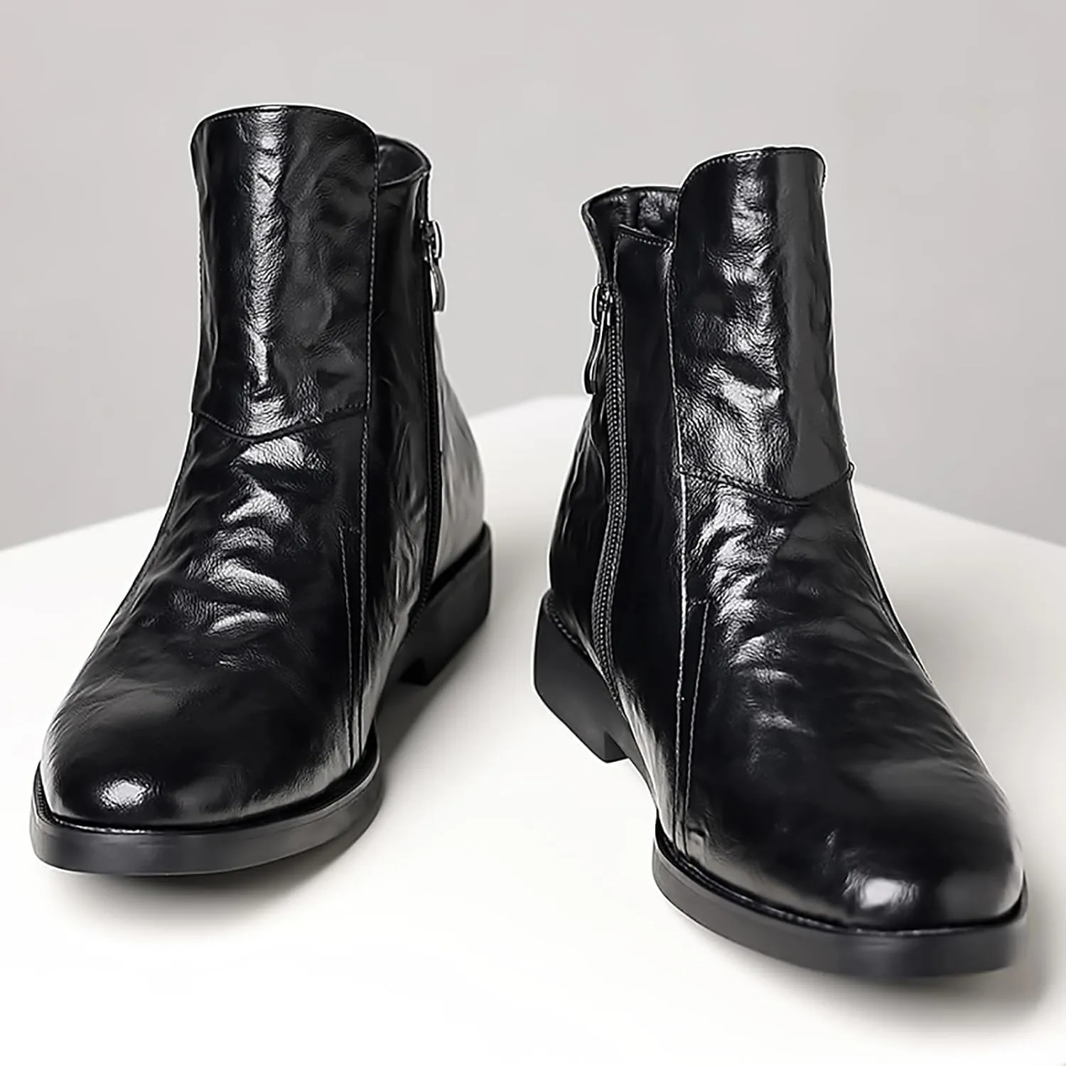 Men's Leather Chelsea Ankle Boots with Side Zipper Casual Comfortable Chunky Heel Dress Booties for Business Driving Office Walking Boots