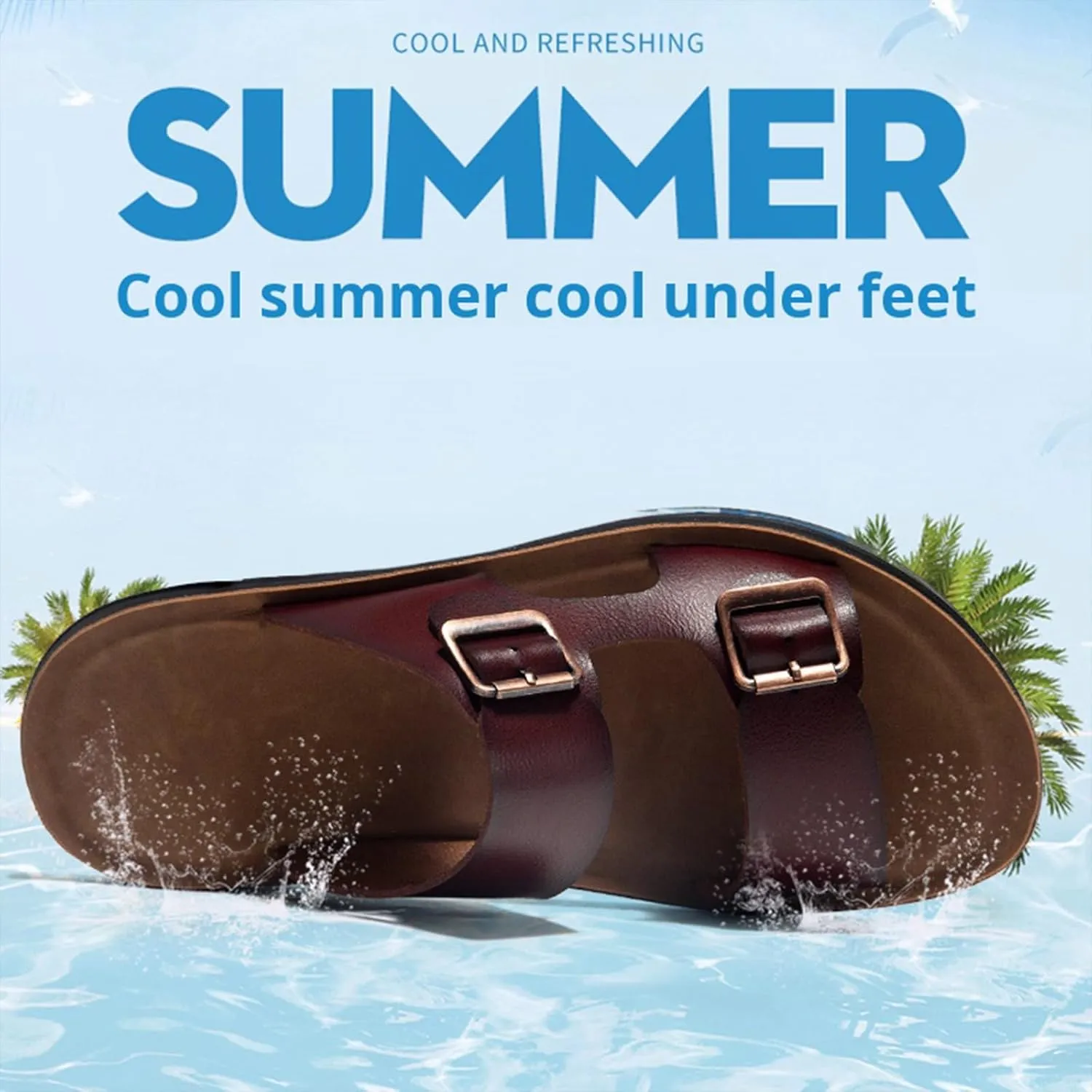 Men's Leather Slip-On Sandals Retro Two-Strap Buckle Design Anti-Slip Sole Comfortable Casual Slides for Walking Beach Indoor & Outdoor