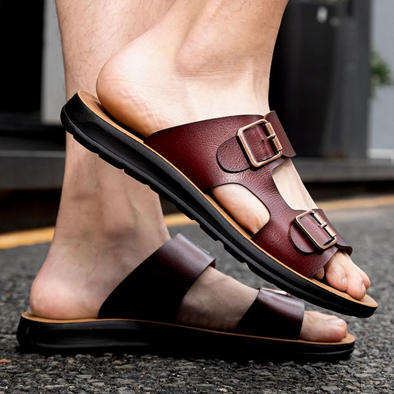 Men's Leather Slip-On Sandals Retro Two-Strap Buckle Design Anti-Slip Sole Comfortable Casual Slides for Walking Beach Indoor & Outdoor