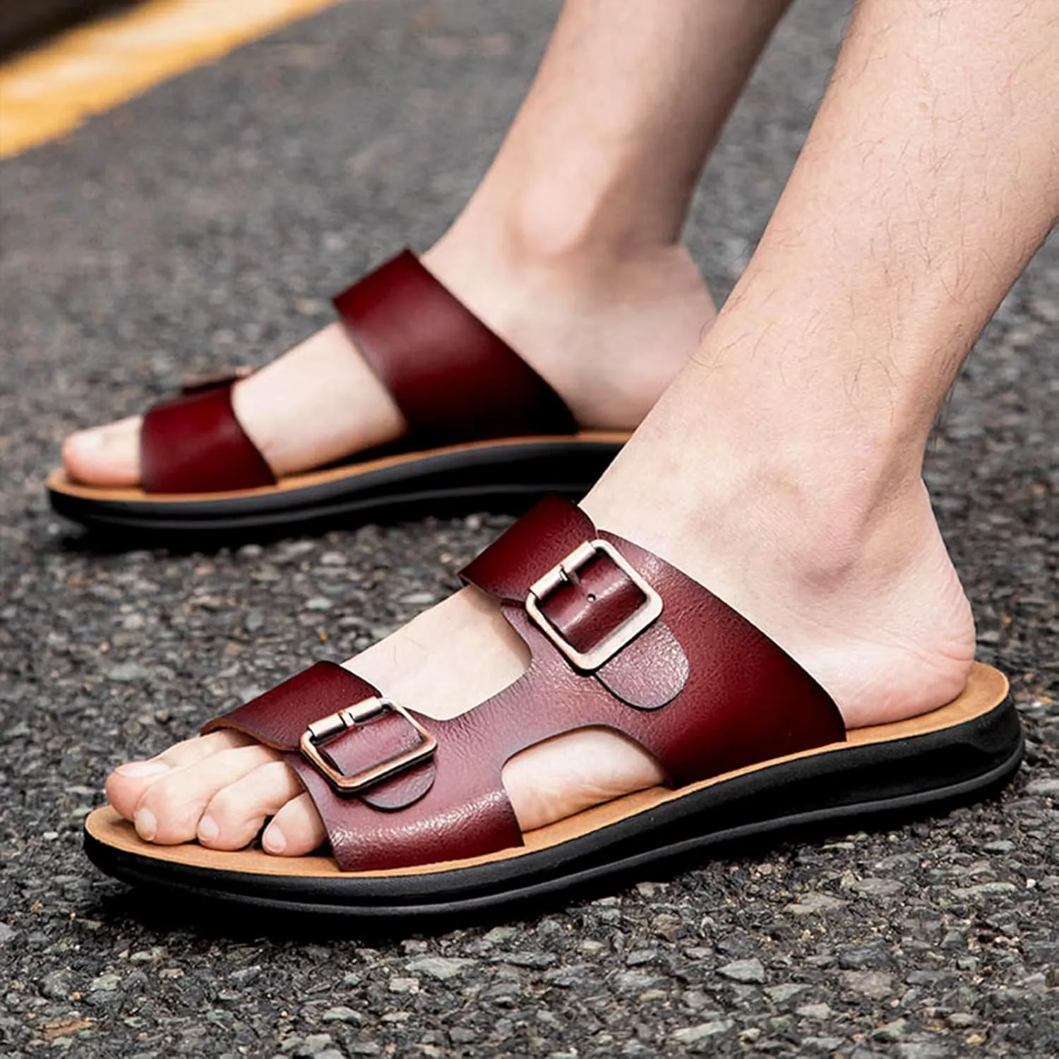 Men's Leather Slip-On Sandals Retro Two-Strap Buckle Design Anti-Slip Sole Comfortable Casual Slides for Walking Beach Indoor & Outdoor