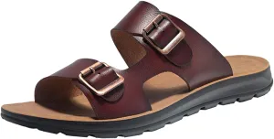Men's Leather Slip-On Sandals Retro Two-Strap Buckle Design Anti-Slip Sole Comfortable Casual Slides for Walking Beach Indoor & Outdoor
