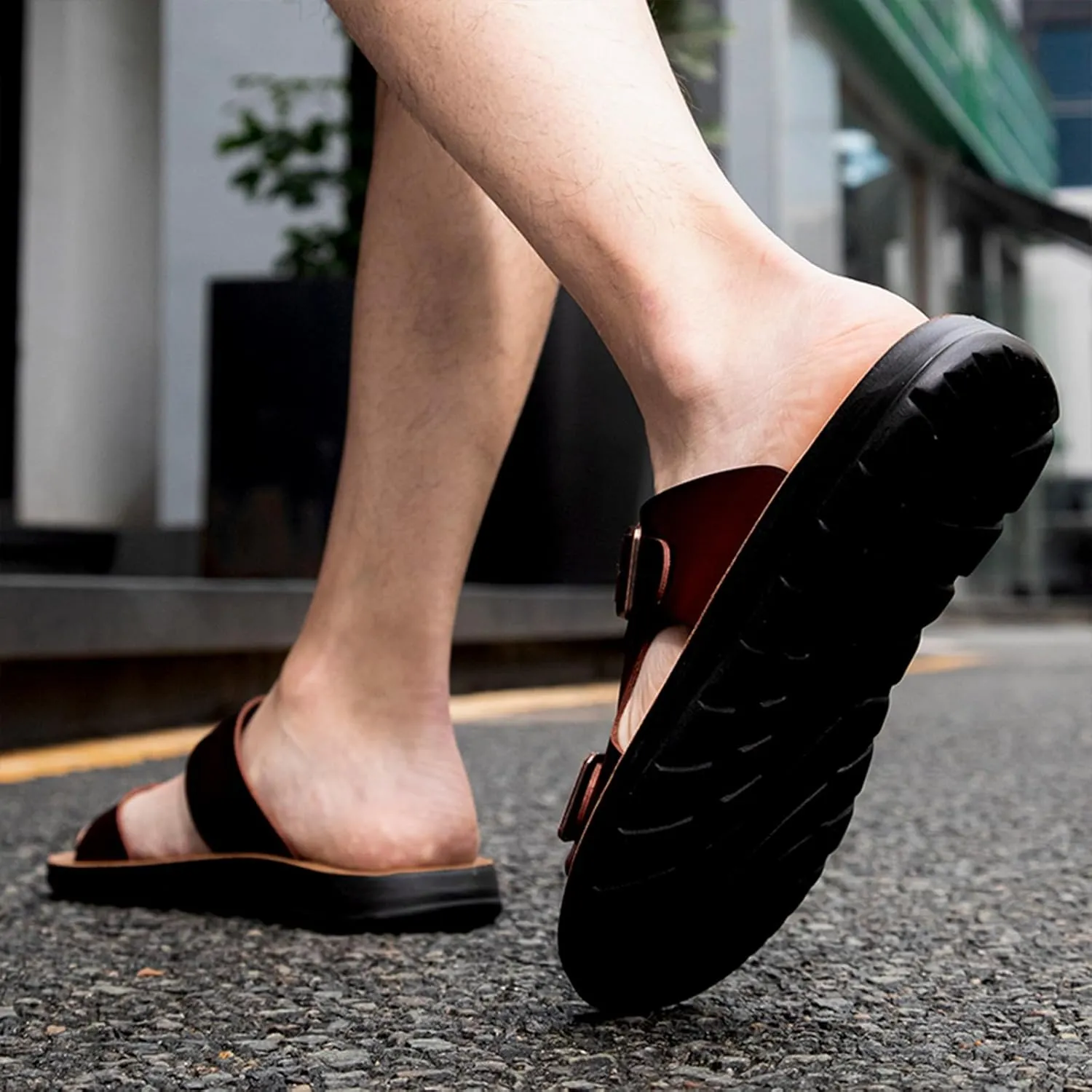 Men's Leather Slip-On Sandals Retro Two-Strap Buckle Design Anti-Slip Sole Comfortable Casual Slides for Walking Beach Indoor & Outdoor