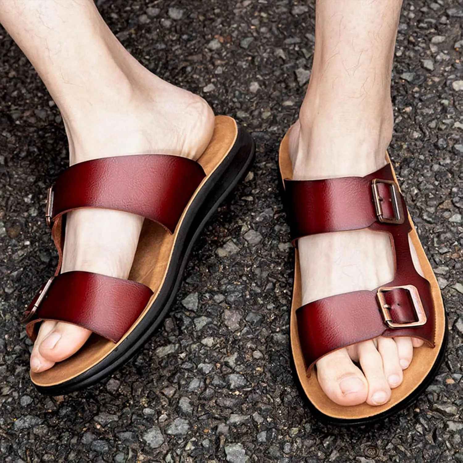 Men's Leather Slip-On Sandals Retro Two-Strap Buckle Design Anti-Slip Sole Comfortable Casual Slides for Walking Beach Indoor & Outdoor