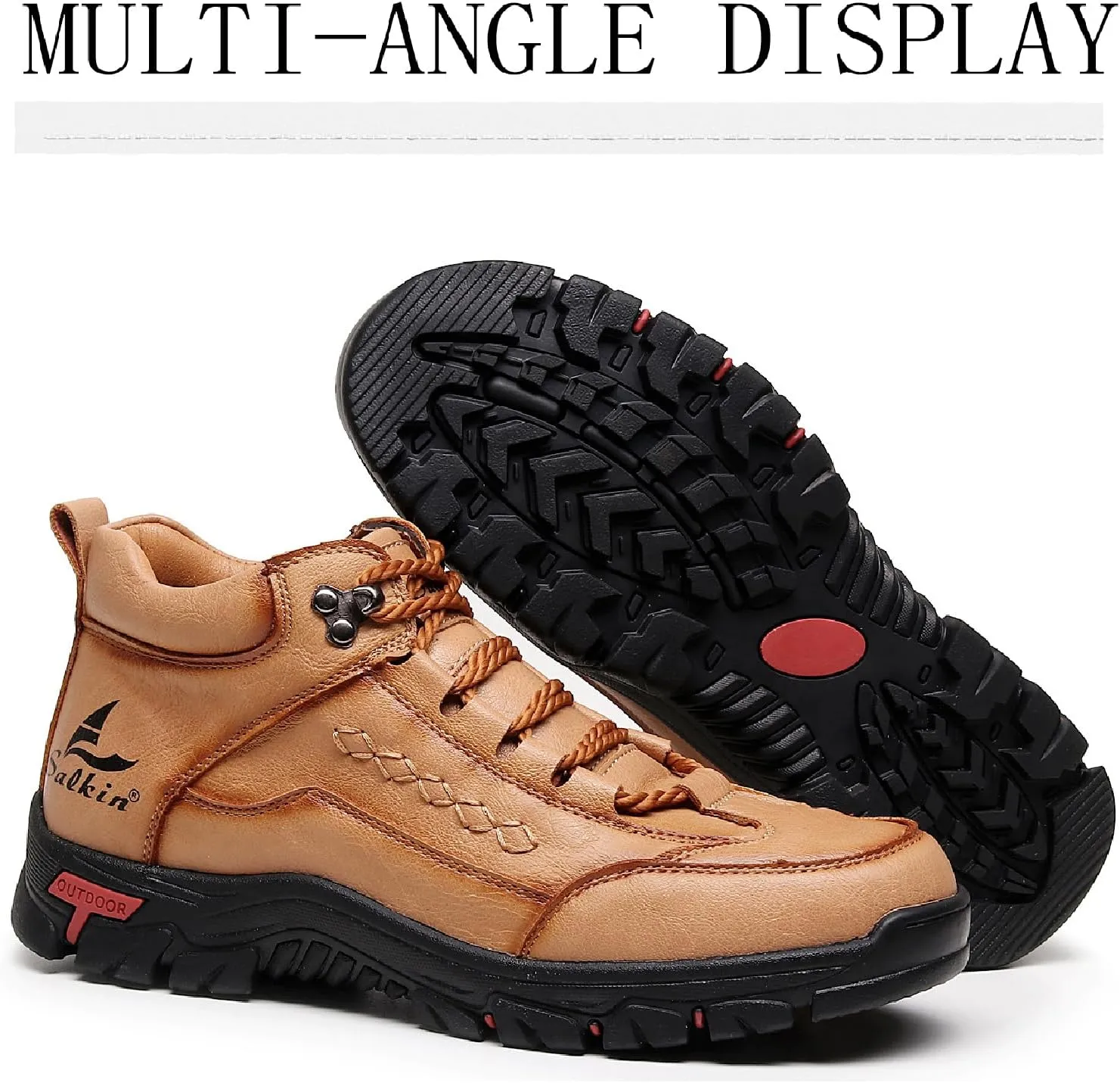 Men's Leather Waterproof Hiking Ankle Boots Casual Lace Up Non-Slip Platform Sneakers Booties Fall Winter Outdoor Trekking Climbing Boots