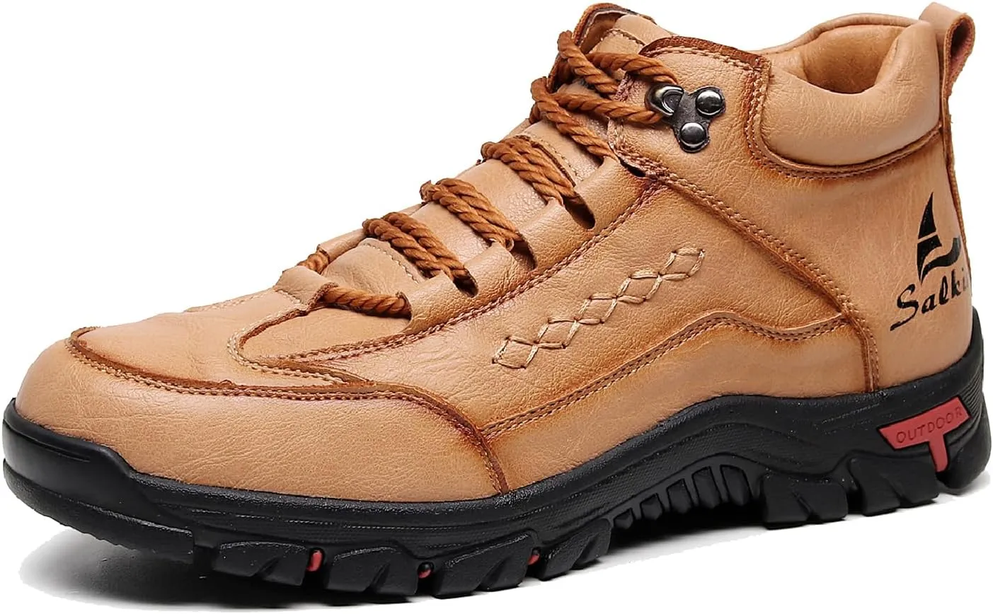 Men's Leather Waterproof Hiking Ankle Boots Casual Lace Up Non-Slip Platform Sneakers Booties Fall Winter Outdoor Trekking Climbing Boots
