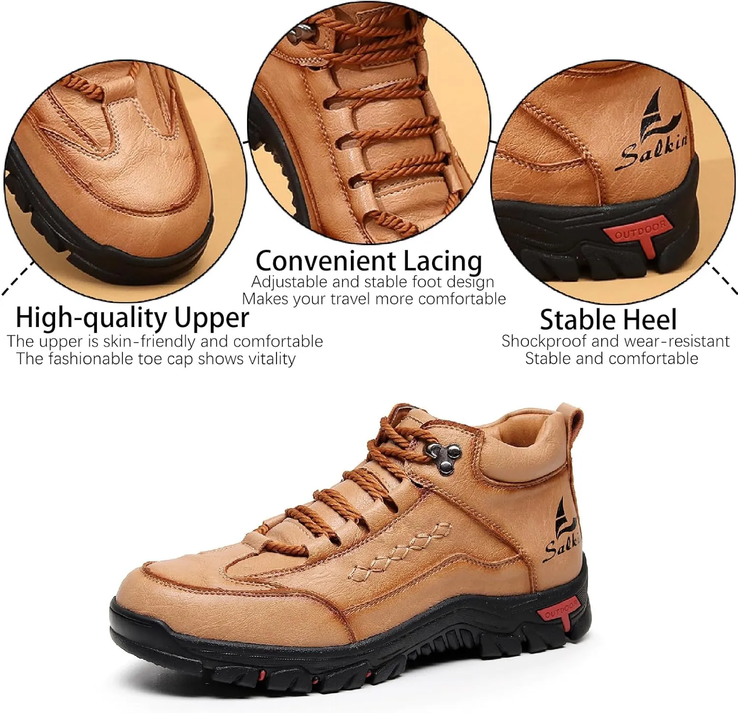 Men's Leather Waterproof Hiking Ankle Boots Casual Lace Up Non-Slip Platform Sneakers Booties Fall Winter Outdoor Trekking Climbing Boots