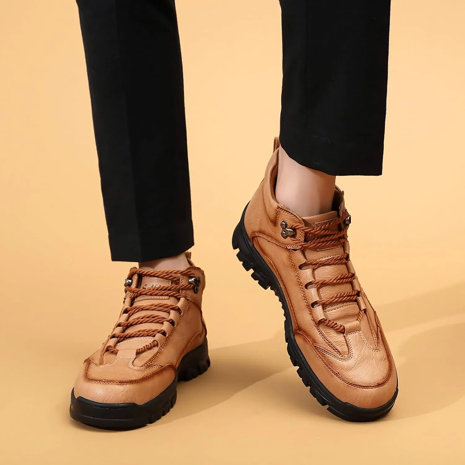 Men's Leather Waterproof Hiking Ankle Boots Casual Lace Up Non-Slip Platform Sneakers Booties Fall Winter Outdoor Trekking Climbing Boots
