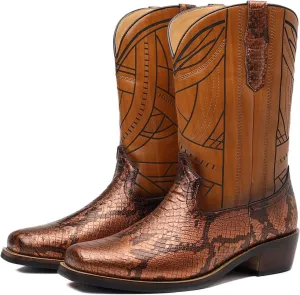 Men's Medieval Cobra Print Western Cowboy Zipper Mid Calf Wide Square Toe Boots Exotic Knight Shoes Halloween Cosplay Stage