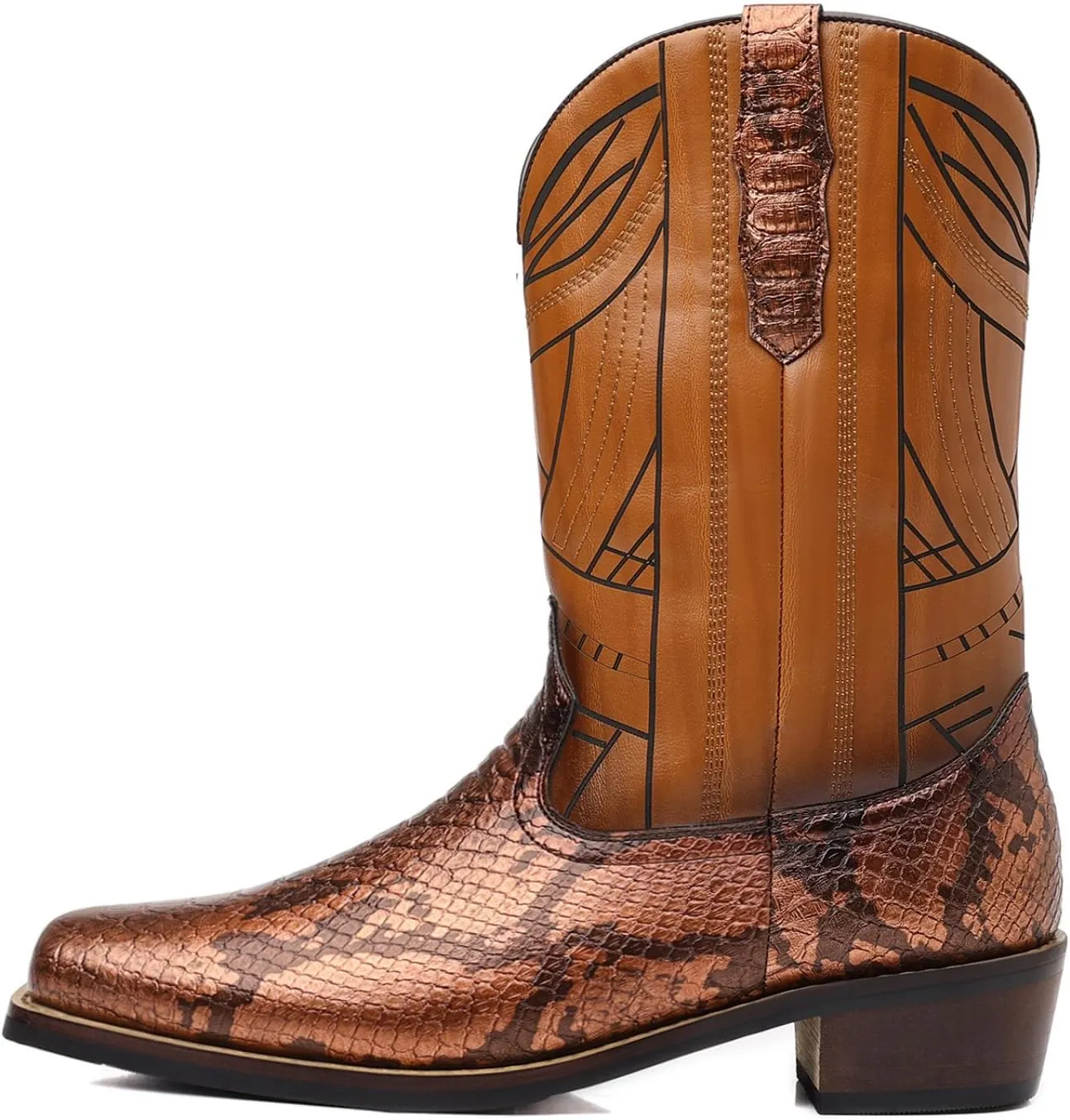 Men's Medieval Cobra Print Western Cowboy Zipper Mid Calf Wide Square Toe Boots Exotic Knight Shoes Halloween Cosplay Stage