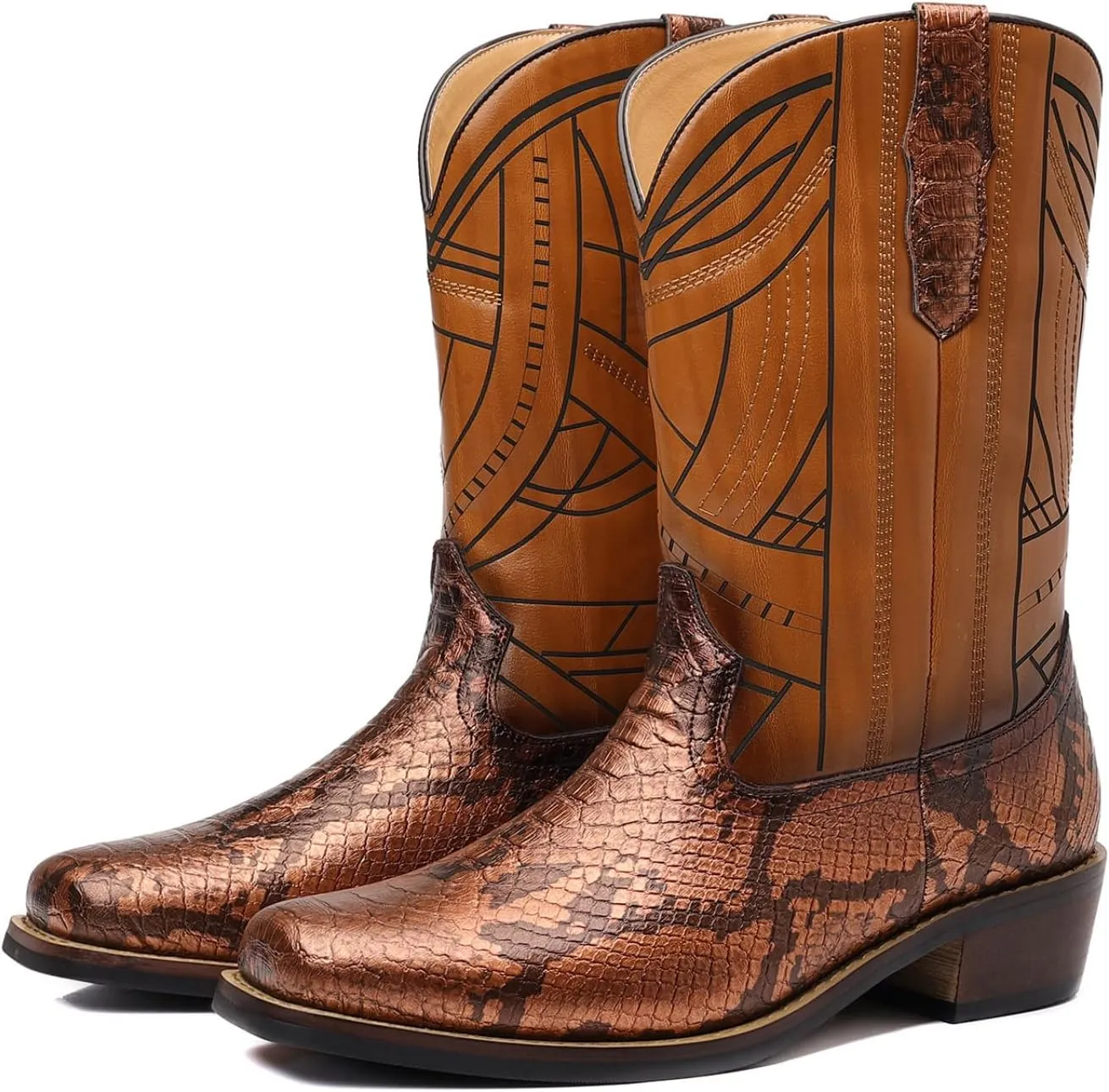 Men's Medieval Cobra Print Western Cowboy Zipper Mid Calf Wide Square Toe Boots Exotic Knight Shoes Halloween Cosplay Stage