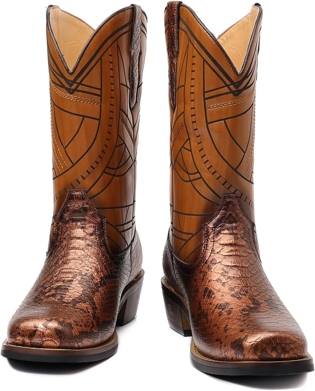 Men's Medieval Cobra Print Western Cowboy Zipper Mid Calf Wide Square Toe Boots Exotic Knight Shoes Halloween Cosplay Stage