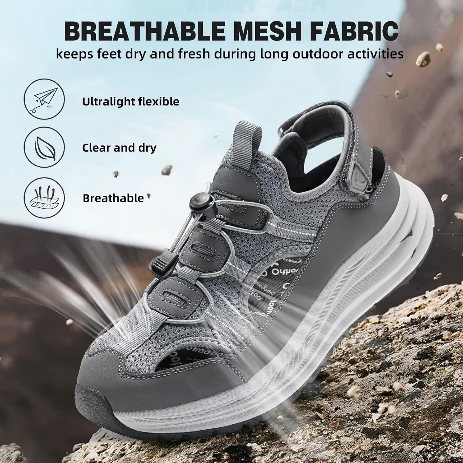 Men's Orthopedic Close Toes Hiking Sandals: Plantar Fasciitis Arch Support Adjustable Hook Loop Strap Athletic Sport Shoes, Comfortable Casual Camping Waterproof Summer Walking Sandals