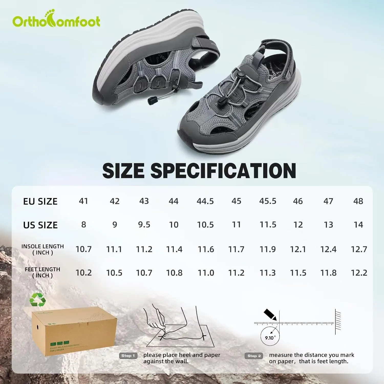 Men's Orthopedic Close Toes Hiking Sandals: Plantar Fasciitis Arch Support Adjustable Hook Loop Strap Athletic Sport Shoes, Comfortable Casual Camping Waterproof Summer Walking Sandals
