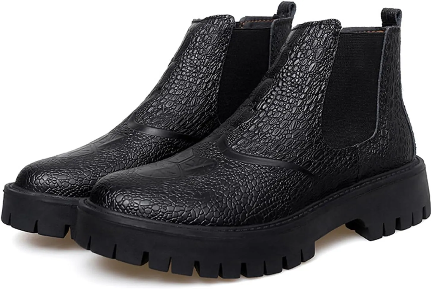 Men's Print Leather Platform Low Chunky Heel Chelsea Boots Fashion Classic Slip On Elastic Bandage Lug Sole Block Heel Chukka Booties for Casual Business Dress Boots
