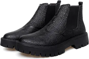 Men's Print Leather Platform Low Chunky Heel Chelsea Boots Fashion Classic Slip On Elastic Bandage Lug Sole Block Heel Chukka Booties for Casual Business Dress Boots