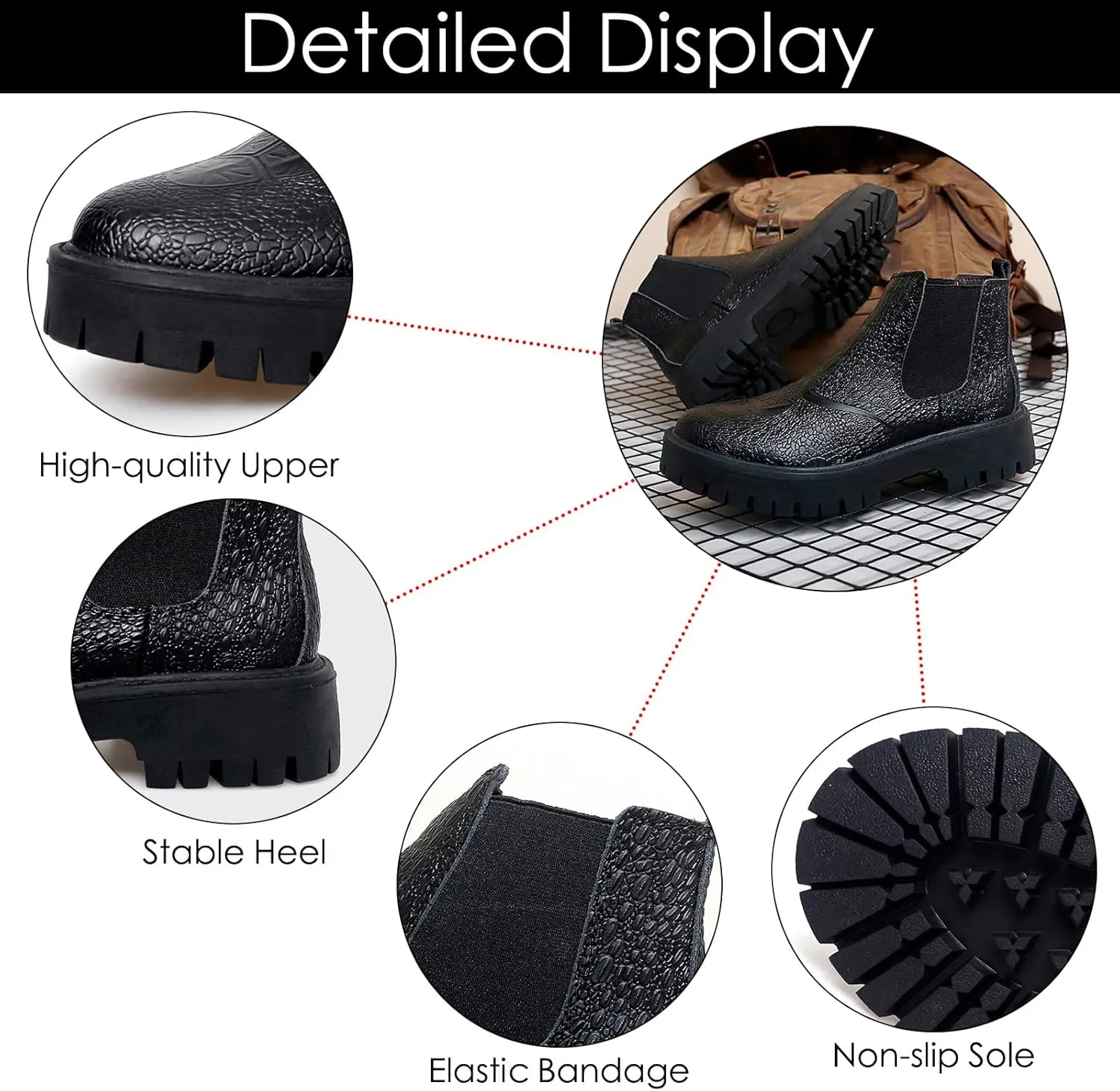 Men's Print Leather Platform Low Chunky Heel Chelsea Boots Fashion Classic Slip On Elastic Bandage Lug Sole Block Heel Chukka Booties for Casual Business Dress Boots