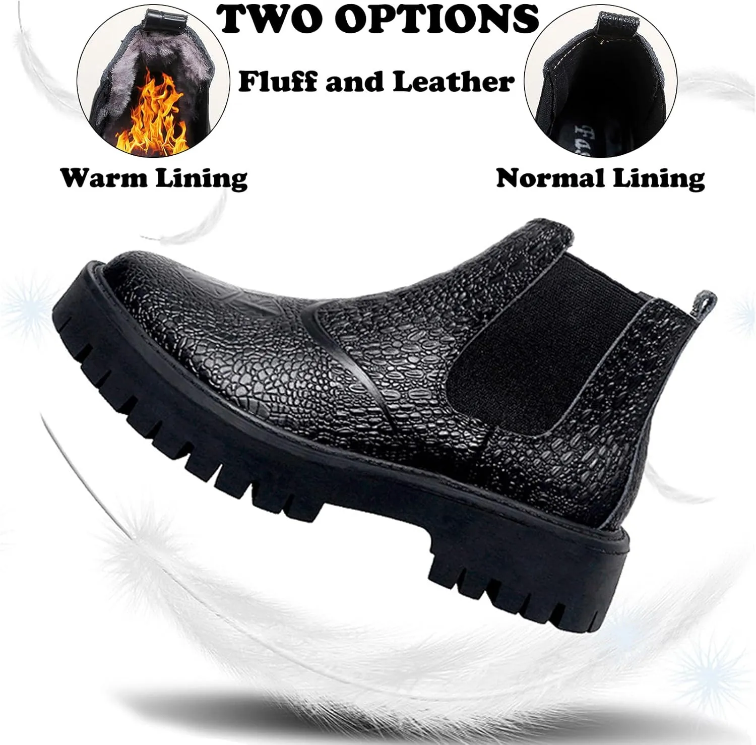 Men's Print Leather Platform Low Chunky Heel Chelsea Boots Fashion Classic Slip On Elastic Bandage Lug Sole Block Heel Chukka Booties for Casual Business Dress Boots