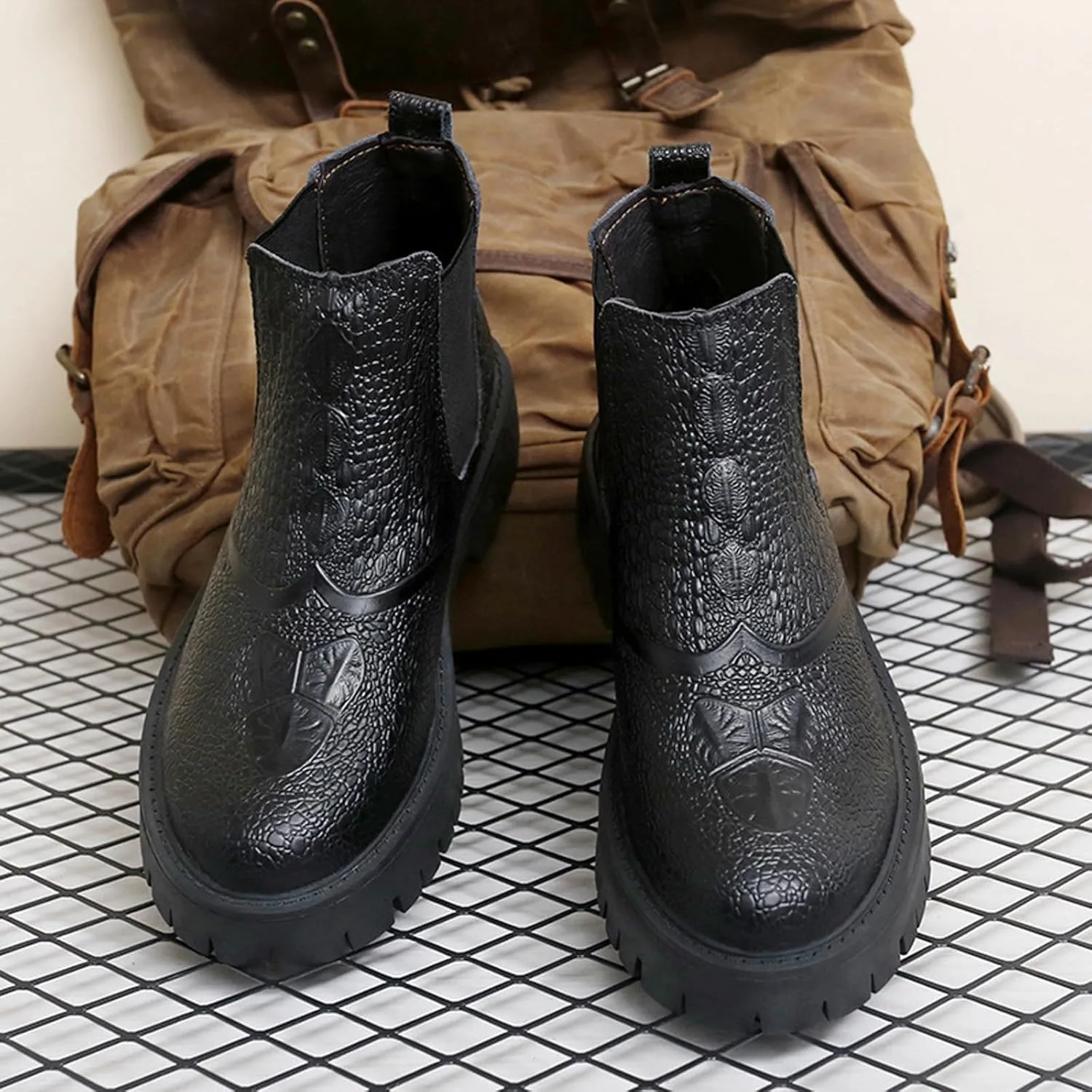 Men's Print Leather Platform Low Chunky Heel Chelsea Boots Fashion Classic Slip On Elastic Bandage Lug Sole Block Heel Chukka Booties for Casual Business Dress Boots