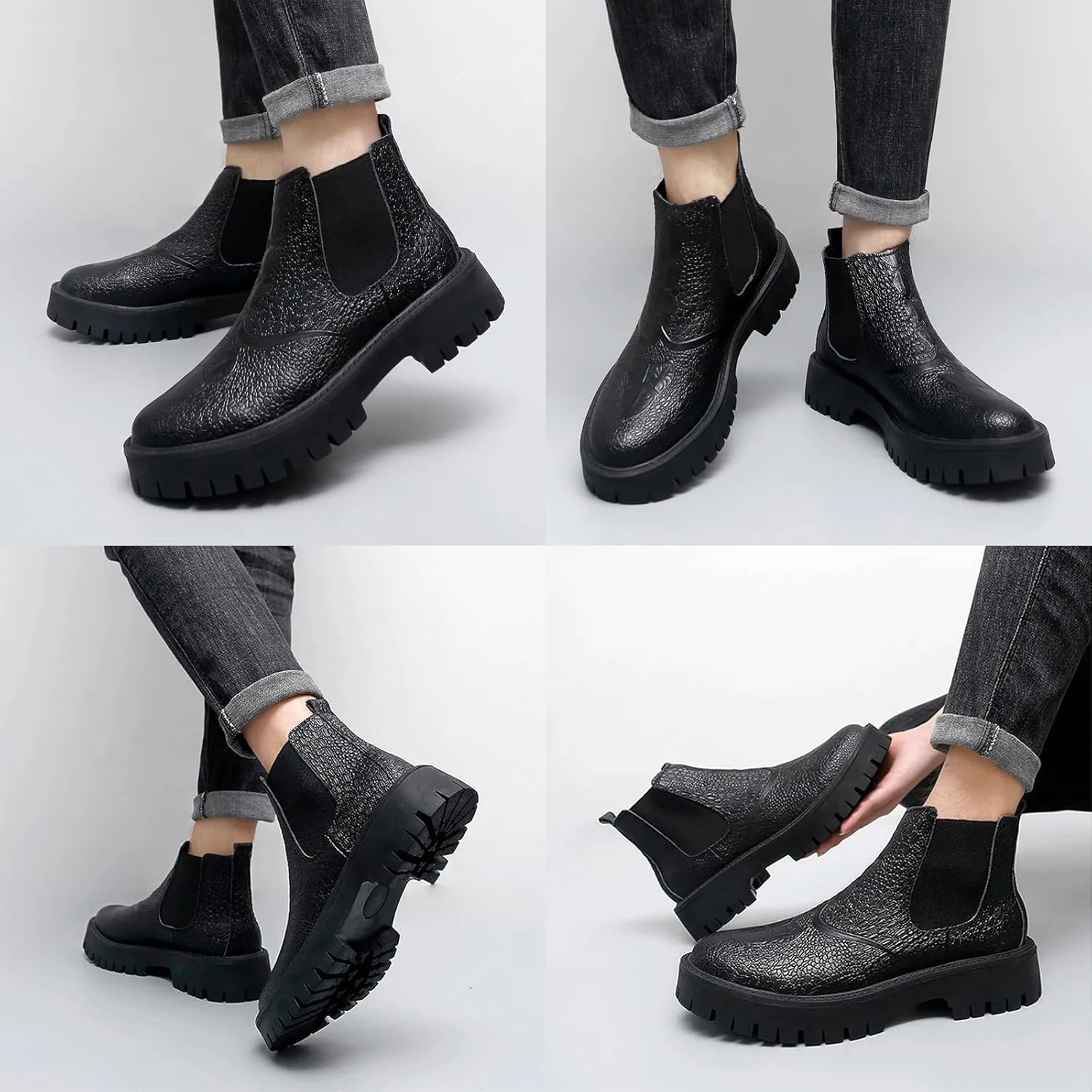 Men's Print Leather Platform Low Chunky Heel Chelsea Boots Fashion Classic Slip On Elastic Bandage Lug Sole Block Heel Chukka Booties for Casual Business Dress Boots