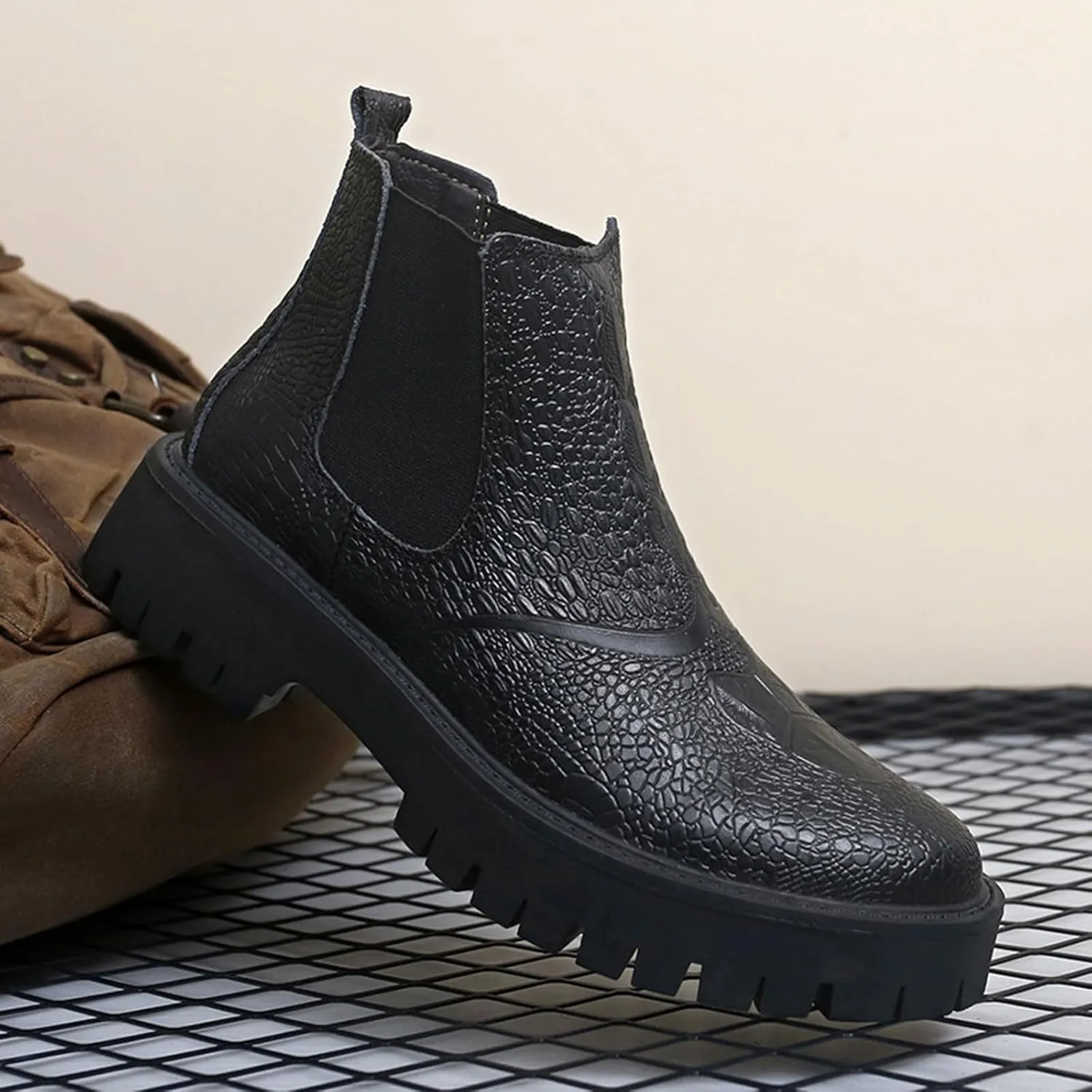 Men's Print Leather Platform Low Chunky Heel Chelsea Boots Fashion Classic Slip On Elastic Bandage Lug Sole Block Heel Chukka Booties for Casual Business Dress Boots