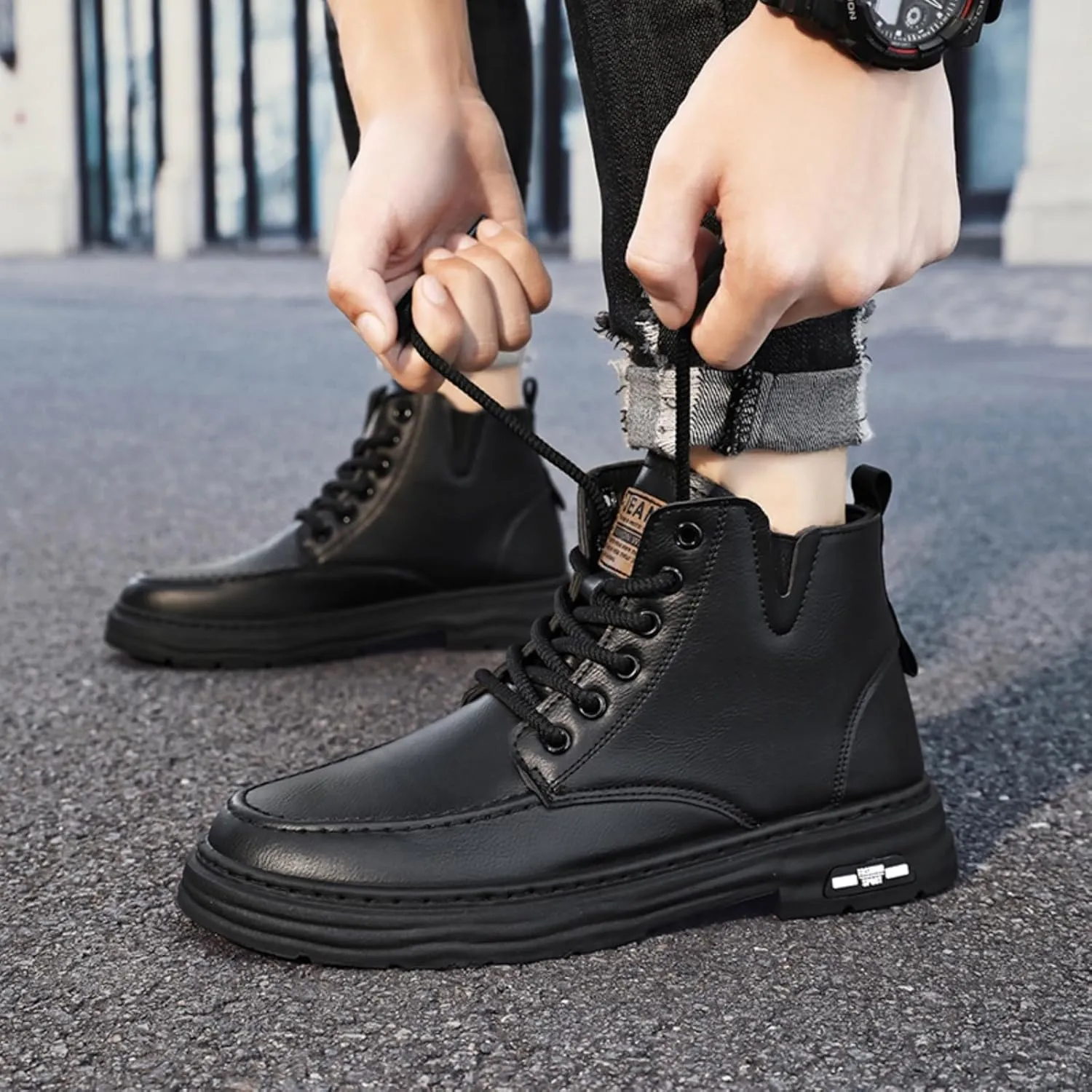 Mens Retro Leather Lace Up Platform Ankle Chukka Boots Casual Round Toe Slip On Dress Shoes for Daily Driving Walking