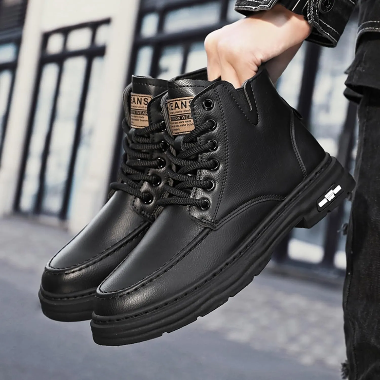 Mens Retro Leather Lace Up Platform Ankle Chukka Boots Casual Round Toe Slip On Dress Shoes for Daily Driving Walking
