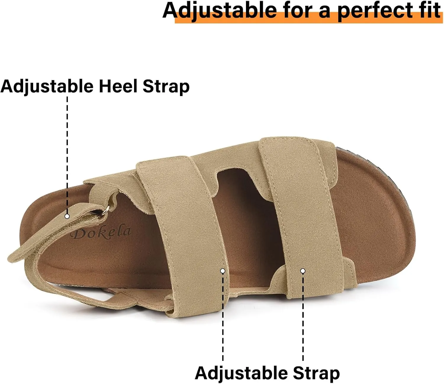 Mens Womens Cork Footbed Sandals Suede Leather Flat Sandals Arch Support Orthotic Summer Slip on Open Toe Outdoor Slide Shoes with Adjustable Double Strap & Back Strap