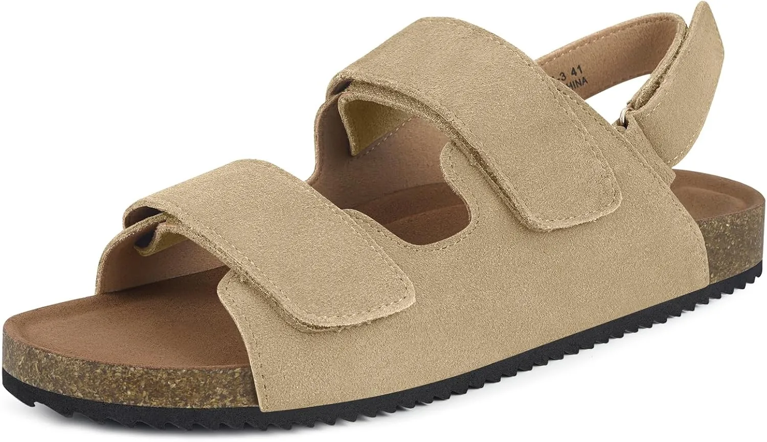 Mens Womens Cork Footbed Sandals Suede Leather Flat Sandals Arch Support Orthotic Summer Slip on Open Toe Outdoor Slide Shoes with Adjustable Double Strap & Back Strap